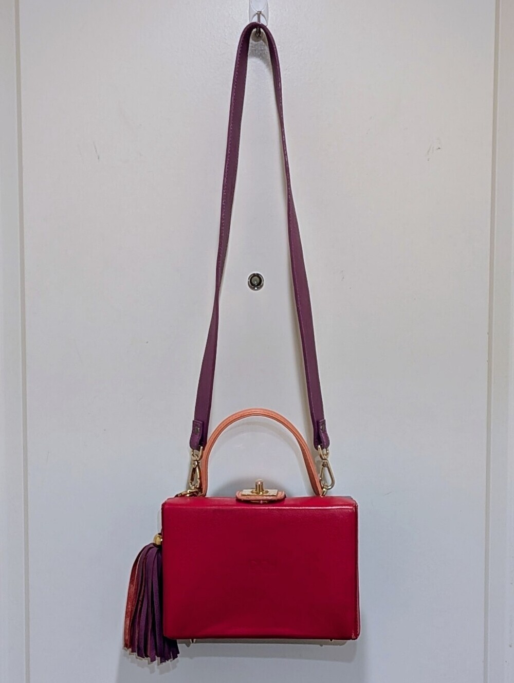GUC DCH Handmade Genuine Leather Red Purple and Tan Box Bag